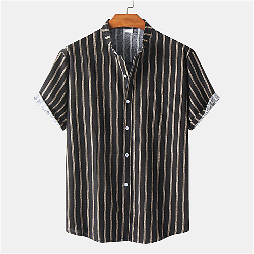 

Men's Shirt Striped Button-Down Short Sleeve Casual Tops Cotton Casual Fashion Breathable Comfortable Black / Beach