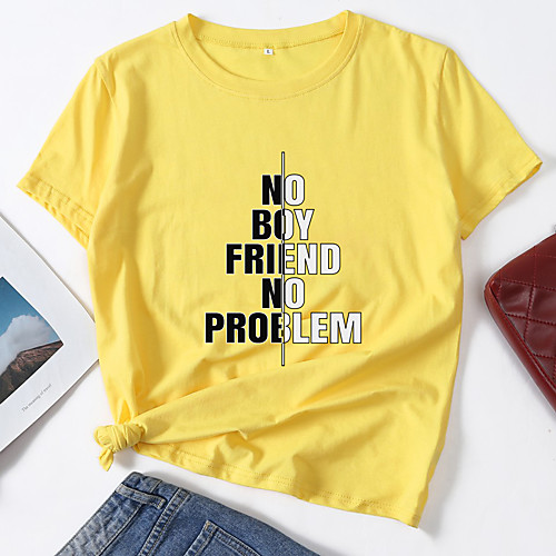 

Women's T shirt Color Block Letter Print Round Neck Tops Cotton Basic Basic Top White Black Blue