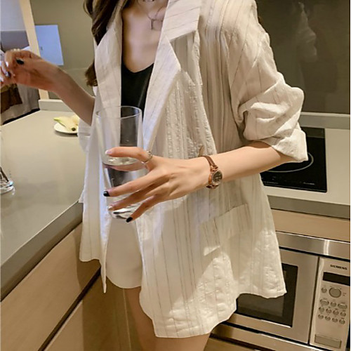 

Women's Coat Casual / Daily Summer Long Coat Shirt Collar Regular Fit Casual Jacket Stripes Others Green White