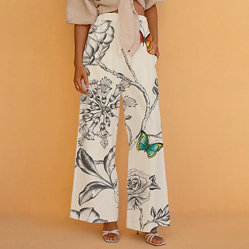 

Women's Basic Chino Comfort Going out Beach Pants Pants Plants Butterfly Flower / Floral Full Length Elastic Drawstring Design Print White