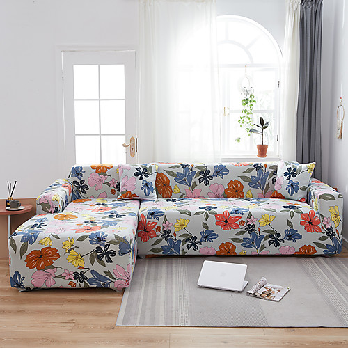 

Colorful Floral Print Dustproof All-powerful Slipcovers Stretch L Shape Sofa Cover Super Soft Fabric Couch Cover Sofa Furniture Protector with One Free Boster Case