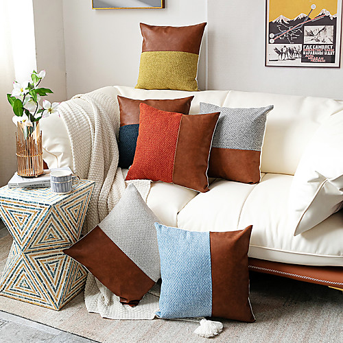 

Cushion Cover Simple PU Stitching Contrast Color Pillowcase Color Block Modern Square Zipper Traditional Classic