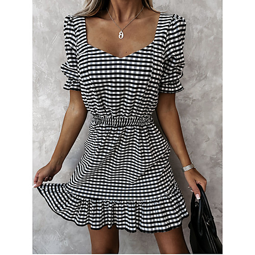 

Women's A Line Dress Short Mini Dress Black grid White Short Sleeve Solid Color Spring Summer Casual 2021 S M L XL 2XL