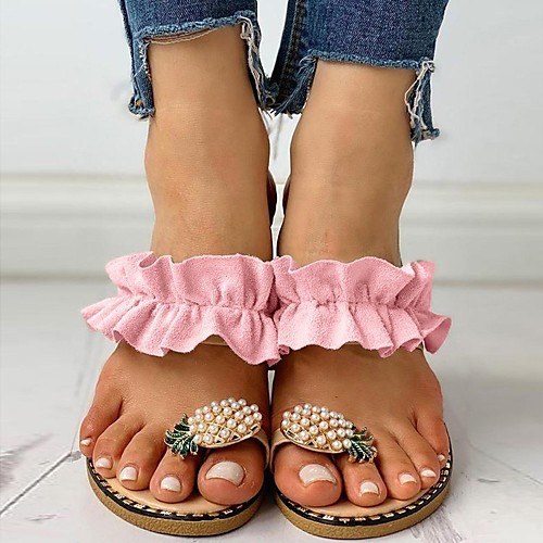 

Women's Sandals Boho Bohemia Beach Flat Heel Round Toe PU Pearl Solid Colored Leopard Yellow Black