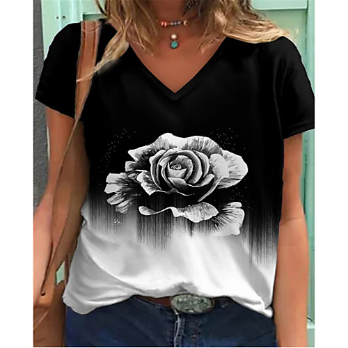 

Women's Floral Theme T shirt Flower V Neck Tops Basic Basic Top Black