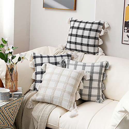 

Yarn-dyed Plaid Tassel Sofa Cushion Cover Pillow Case Outdoor
