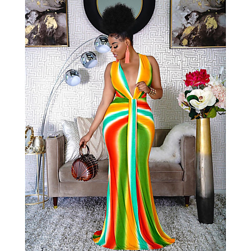 

Women's Swing Dress Maxi long Dress Rainbow Bar Sleeveless Stripes Spring Summer Casual / Daily 2021 S M L XL