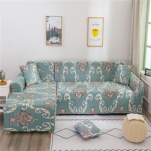 

Green Luxury Print Dustproof All-powerful Slipcovers Stretch L Shape Sofa Cover Super Soft Fabric Couch Cover Sofa Furniture Protector with One Free Boster Case