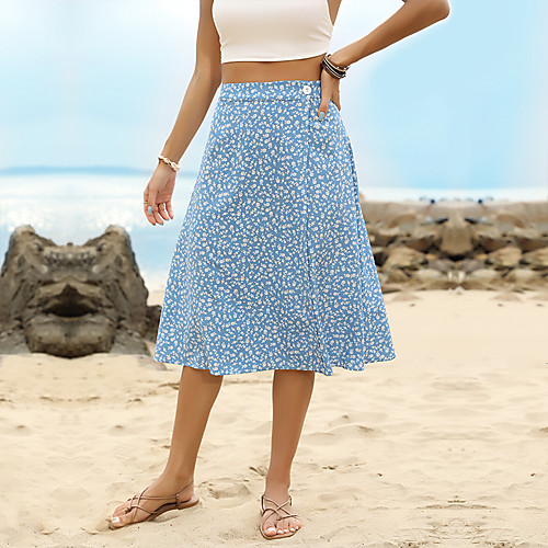 

Women's Vacation Festival Elegant Skirts Floral / Botanical Split Blue