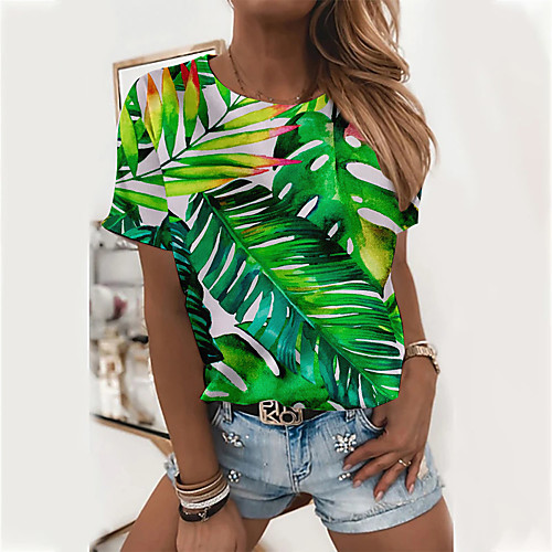 

Women's Floral Theme Painting T shirt Plants Graphic Print Round Neck Basic Tops Green Light Green