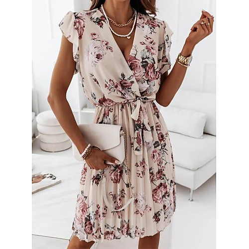

Women's A Line Dress Knee Length Dress Blue Blushing Pink Black Apricot Short Sleeve Floral Print Ruched Lace up Ruffle Spring Summer V Neck Stylish Elegant Casual Holiday Beach Butterfly Sleeve 2021