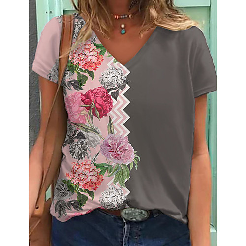 

Women's Floral Theme T shirt Floral Color Block Print V Neck Basic Tops Gray