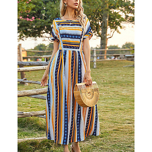 

Women's A Line Dress Maxi long Dress Yellow Short Sleeve Striped Print Color Block Print Fall Summer Round Neck Casual 2021 XS S M L