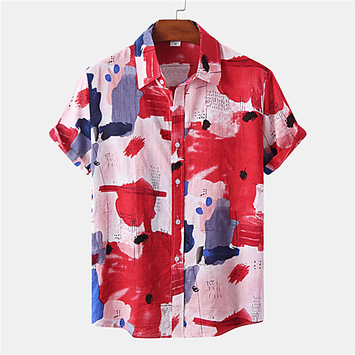 

Men's Shirt Color Block Button-Down Short Sleeve Casual Tops Cotton Casual Fashion Hawaiian Breathable Red Green Brown