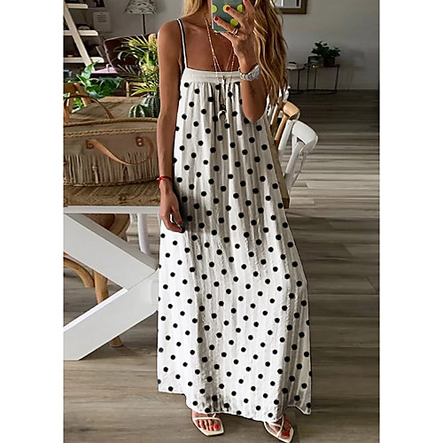 

Women's Strap Dress Maxi long Dress White Black Sleeveless Polka Dot Patchwork Print Summer Square Neck Casual Loose 2021 S M L XL