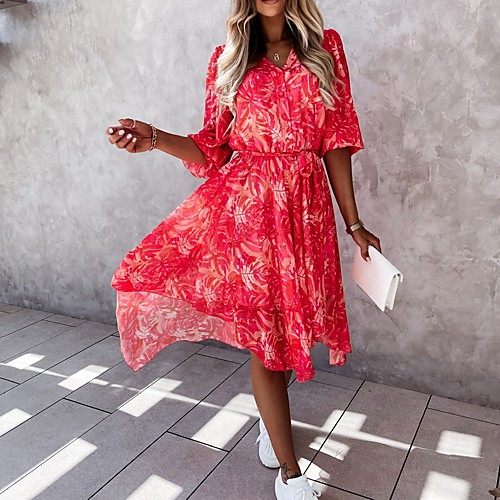 

Women's Sheath Dress Knee Length Dress Blue Blushing Pink Red Half Sleeve Floral Summer V Neck Elegant Casual 2021 S M L XL XXL