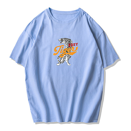 

Men's Unisex Tee T shirt Hot Stamping Graphic Prints Tiger Plus Size Print Short Sleeve Street Tops Cotton Basic Designer Big and Tall Round Neck White Black Blue / Summer