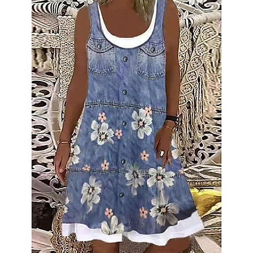 

Women's Shift Dress Knee Length Dress Light Blue Sleeveless Floral Print Spring Summer Boat Neck Casual Holiday Loose 2021 S M L XL XXL 3XL