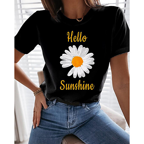 

Women's Floral Theme T shirt Floral Daisy Letter Print Round Neck Tops Basic Basic Top White Black