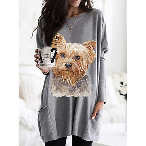 

Women's T shirt Dress Dog Graphic Animal Long Sleeve Pocket Round Neck Tops Basic Basic Top White Black Fuchsia