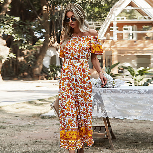 

Women's Swing Dress Midi Dress Navy Original design independent real shot White Sleeveless Print Spring Summer Off Shoulder Casual / Daily 2021 S M L XL
