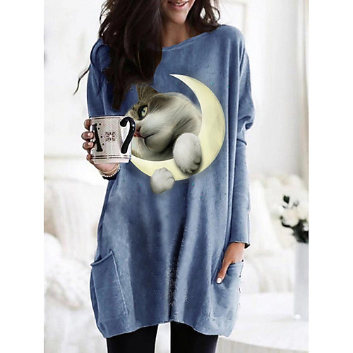 

Women's T shirt Dress Cat Graphic 3D Long Sleeve Pocket Round Neck Tops Basic Basic Top White Black Fuchsia