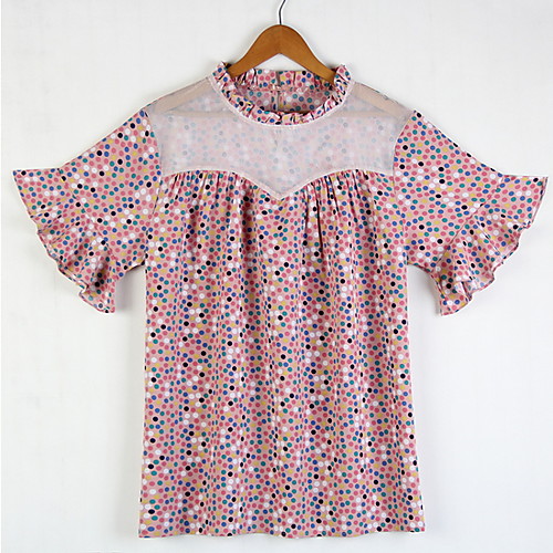 

Women's Plus Size Tops Blouse Polka Dot Patchwork Print Short Sleeve Crewneck Blushing Pink Big Size XL XXL 3XL 4XL