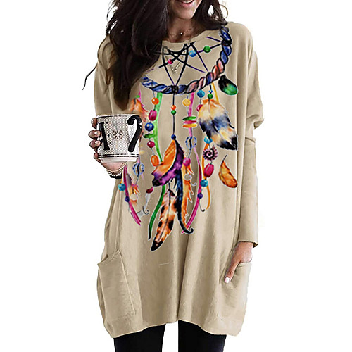 

Women's T shirt Graphic Tribal Long Sleeve Pocket Round Neck Tops 100% Cotton Basic Basic Top White Black Fuchsia