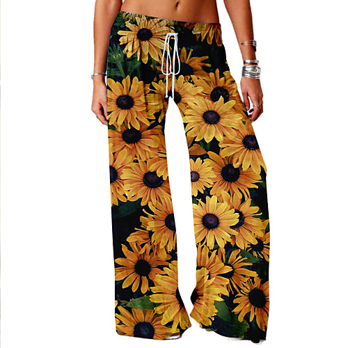 

Women's Basic Soft Comfort Daily Home Wide Leg Pants Flower / Floral Sunflower Full Length Elastic Drawstring Design Print Orange