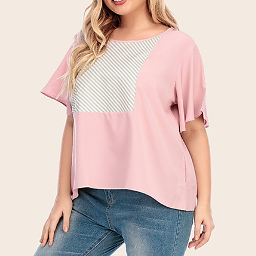 

Women's Plus Size Tops T shirt Color Block Short Sleeve Crewneck Blushing Pink Big Size XL XXL 3XL 4XL