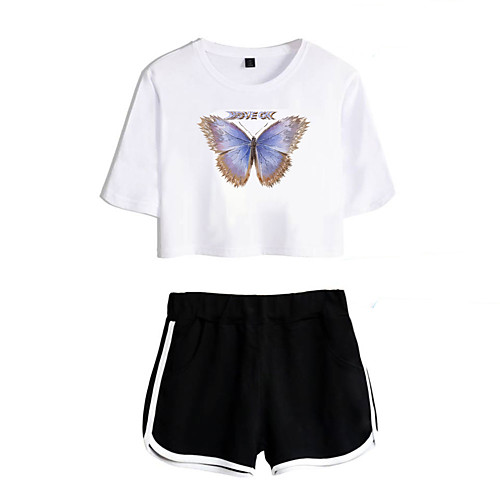

Women's Basic Streetwear Butterfly Letter Vacation Casual / Daily Two Piece Set Crop Top Tracksuit T shirt Loungewear Shorts Print Tops