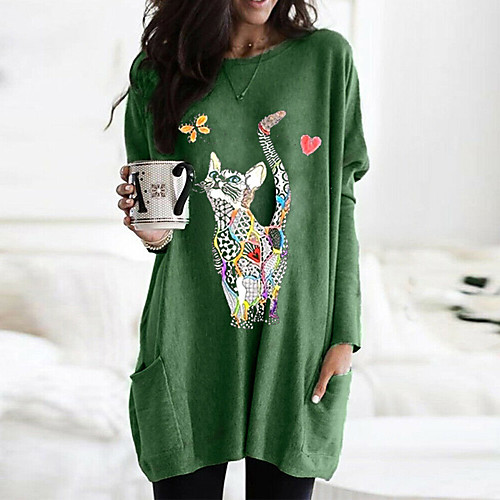 

Women's 3D Cat T shirt Cat Graphic Animal Long Sleeve Pocket Round Neck Tops Loose 100% Cotton Basic Basic Top White Black Fuchsia