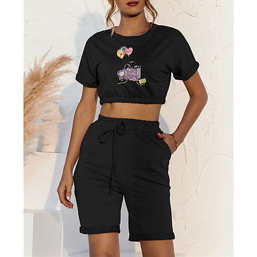 

Women's Basic Streetwear Print Cat Vacation Casual / Daily Two Piece Set Crop Top Tracksuit T shirt Loungewear Shorts Drawstring Print Tops