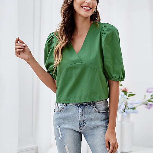 

Women's Blouse Plain V Neck Basic Streetwear Tops Cotton Green