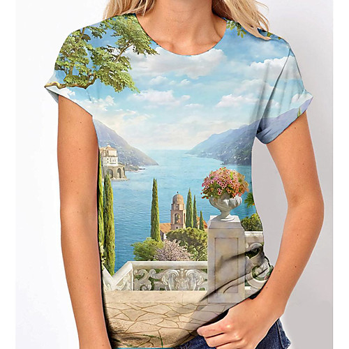 

Women's Holiday 3D Printed Painting T shirt Graphic Scenery Print Round Neck Basic Tops Light Blue