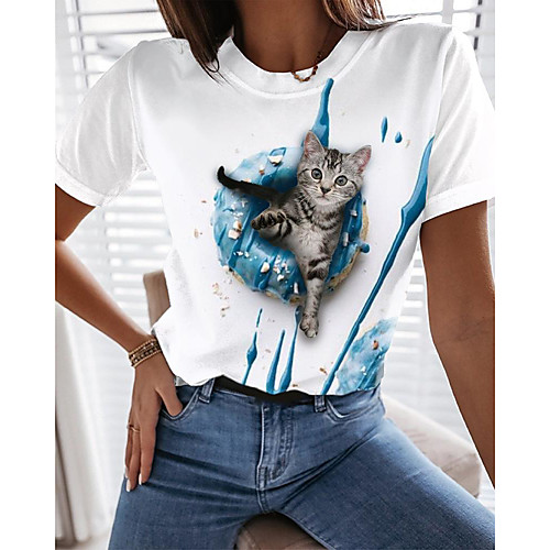 

Women's 3D Cat T shirt Cat 3D Animal Print Round Neck Basic Tops White