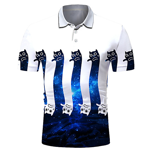 

Men's Golf Shirt Tennis Shirt 3D Print Cat Starry Sky Animal Button-Down Short Sleeve Street Tops Casual Fashion Cool Breathable Blue / Sports