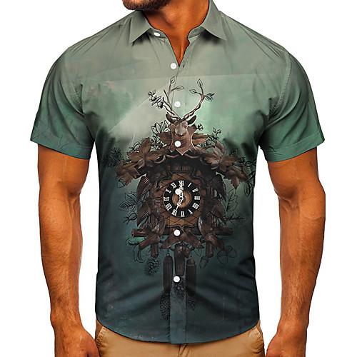 

Men's Shirt 3D Print Graphic Prints Clock Button-Down Short Sleeve Street Tops Casual Fashion Classic Breathable Navy Blue