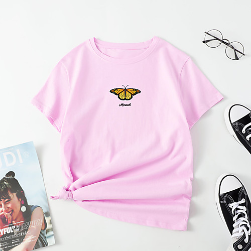 

Women's T shirt Butterfly Letter Print Round Neck Tops Cotton Basic Basic Top White Black Blue