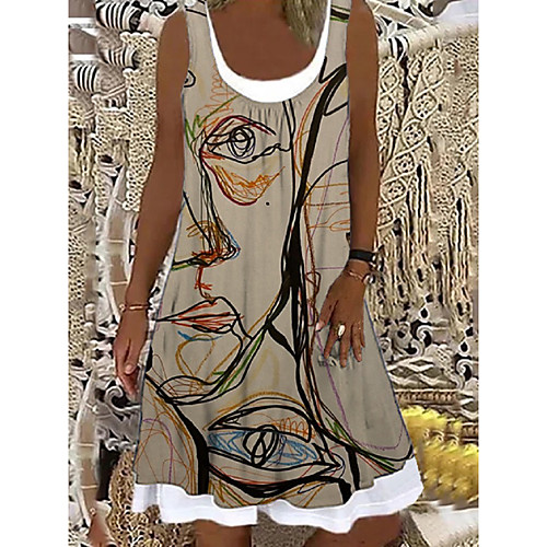 

Women's Shift Dress Knee Length Dress Khaki Sleeveless Print Print Spring Summer Boat Neck Casual Holiday Loose 2021 S M L XL XXL 3XL