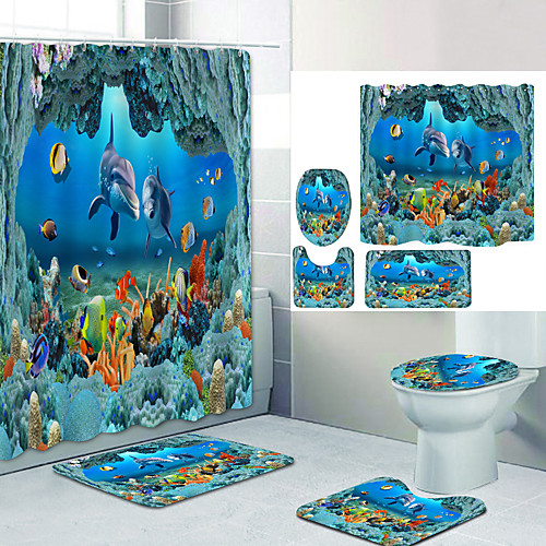 

Underwater World Dolphin Digital Printing Four-piece Set Shower Curtains and Hooks Modern Polyester Machine Made Waterproof Bathroom