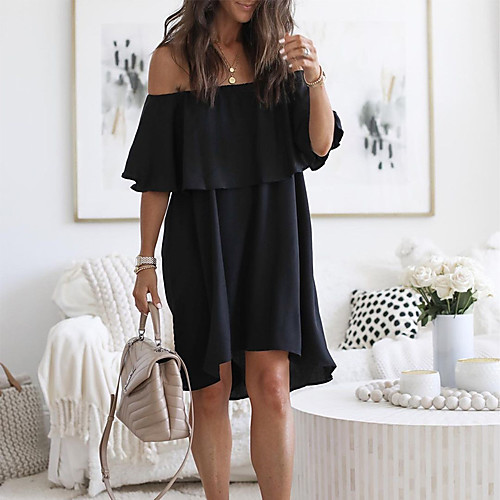 

Women's Swing Dress Knee Length Dress Wine Green Black Short Sleeve Solid Color Backless Summer Off Shoulder Casual Loose 2021 S M L XL