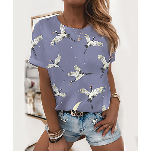 

Women's T shirt Bird Print Round Neck Tops Basic Basic Top Purple