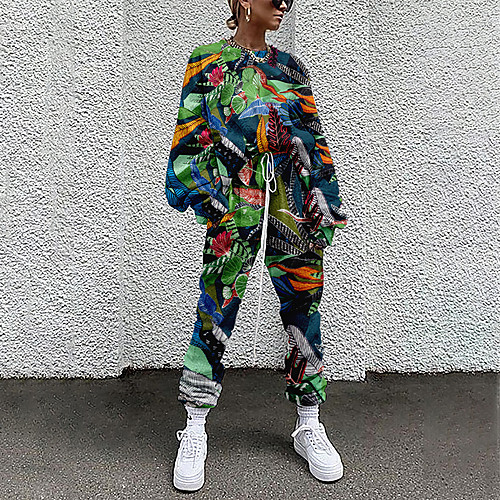 

Women's Basic Streetwear Floral Plant Vacation Casual / Daily Two Piece Set Crew Neck Tracksuit T shirt Pant Loungewear Drawstring Print Tops / Loose