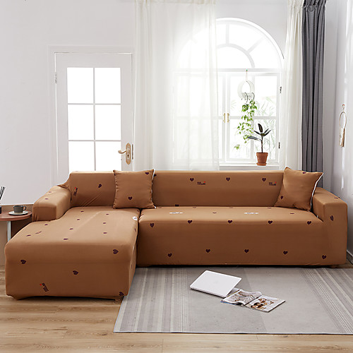

Coffee Heart Print Dustproof All-powerful Slipcovers Stretch L Shape Sofa Cover Super Soft Fabric Couch Cover Sofa Furniture Protector with One Free Boster Case