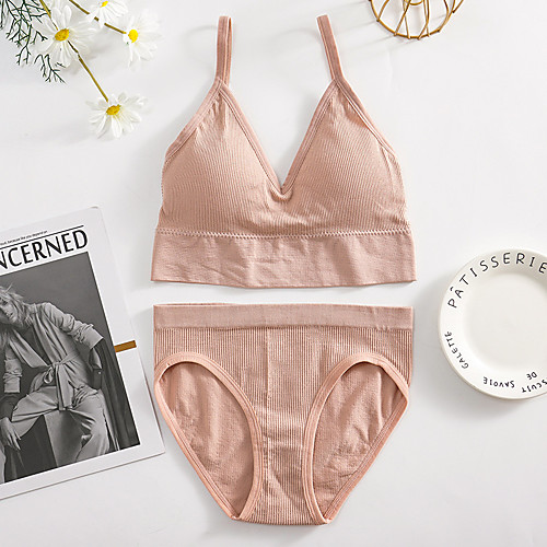 

Women's Bra & Panty Set Wireless Triangle Cup Solid Color Sexy Blushing Pink