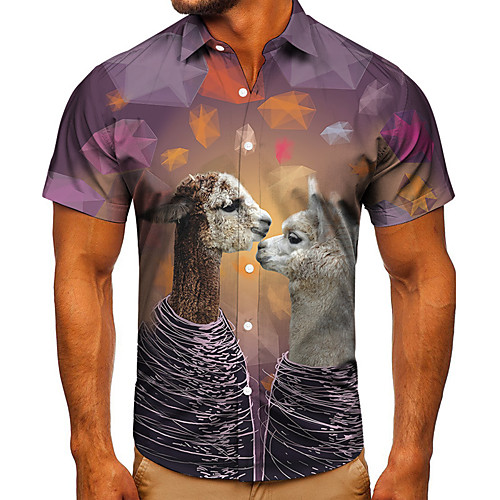 

Men's Shirt 3D Print Graphic Prints Alpaca Button-Down Short Sleeve Street Tops Casual Fashion Classic Breathable Gray
