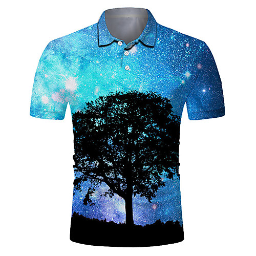 

Men's Golf Shirt Tennis Shirt 3D Print Tree Starry Sky Button-Down Short Sleeve Street Tops Casual Fashion Cool Breathable Blue / Sports