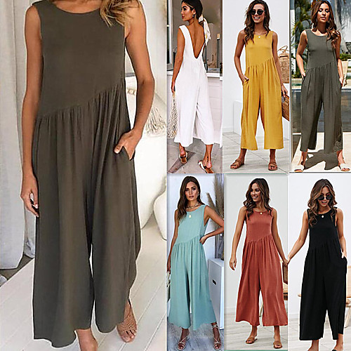 

LITB Basic Women's Backless Maxi Long SleevelessJumpsuitSolid Color Basic Dress