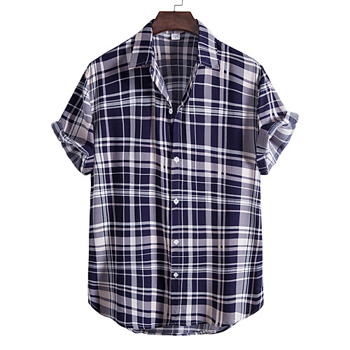

Men's Shirt Other Prints Lattice Color Block Plus Size Print Short Sleeve Going out Tops Tropical Beach Navy Blue